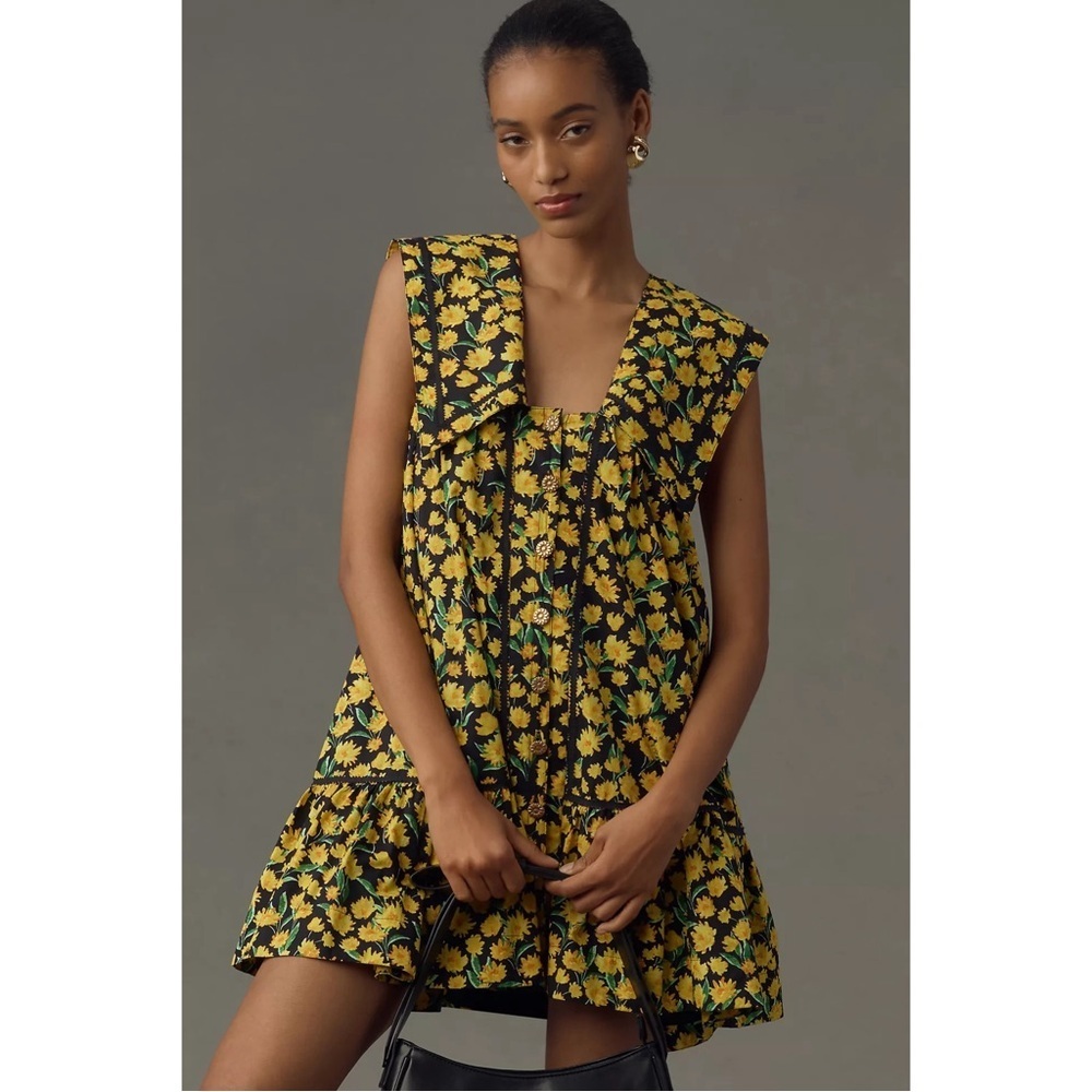 Anthropologie Maeve Black Yellow Floral Collared Poplin Swing Mini Dress XL Boho